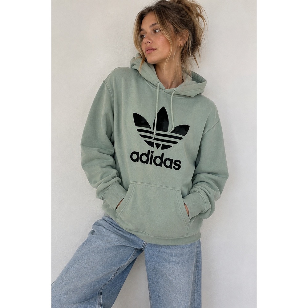 Adidas Womens XS Relaxed Fit Hoodie Light Blue Big Velvet Trefoil Logo
